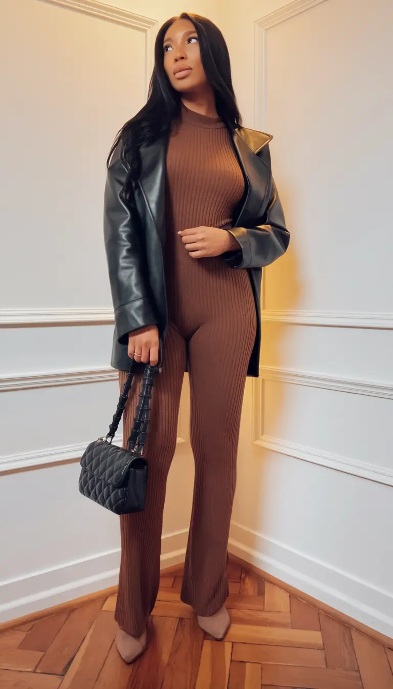 fall office outfits for women ideas 2025 Monochrome Rib Knit & Leather-Blazer Cool