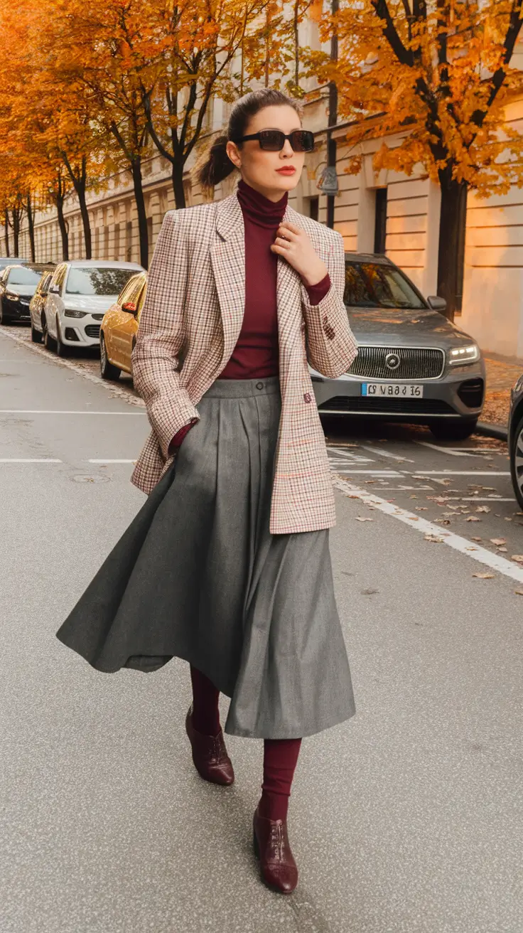 fall office outfits for women ideas 2025 Marsala Turtleneck & Heritage Checks