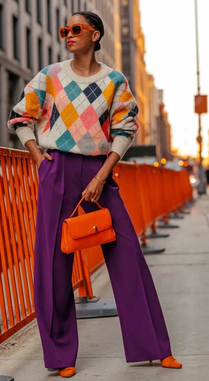 fall office outfits for women ideas 2025 Playful Argyle Meets Purple Power Pants