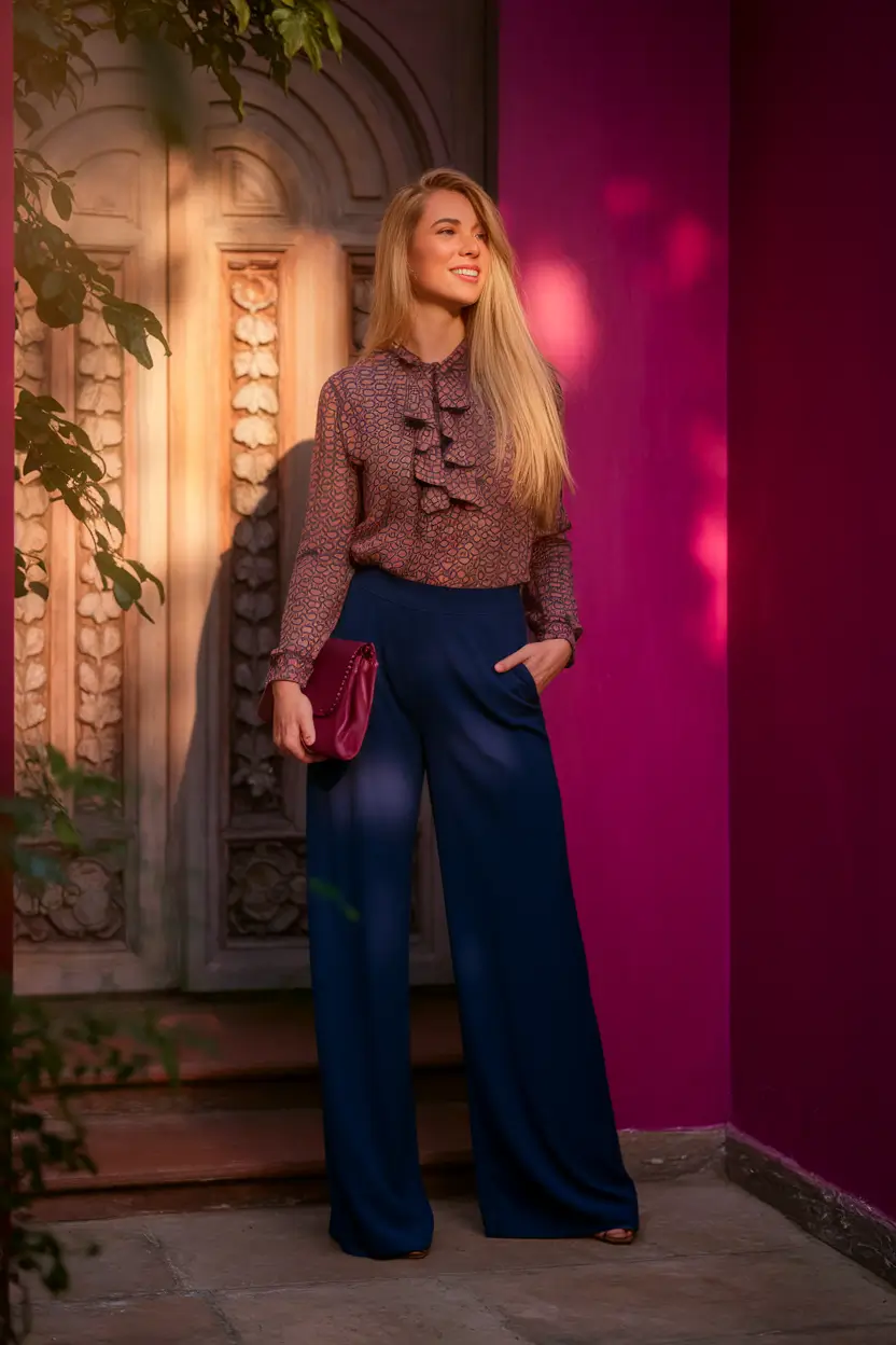 fall office outfits for women ideas 2025 Ruffles & Midnight Wide-Legs