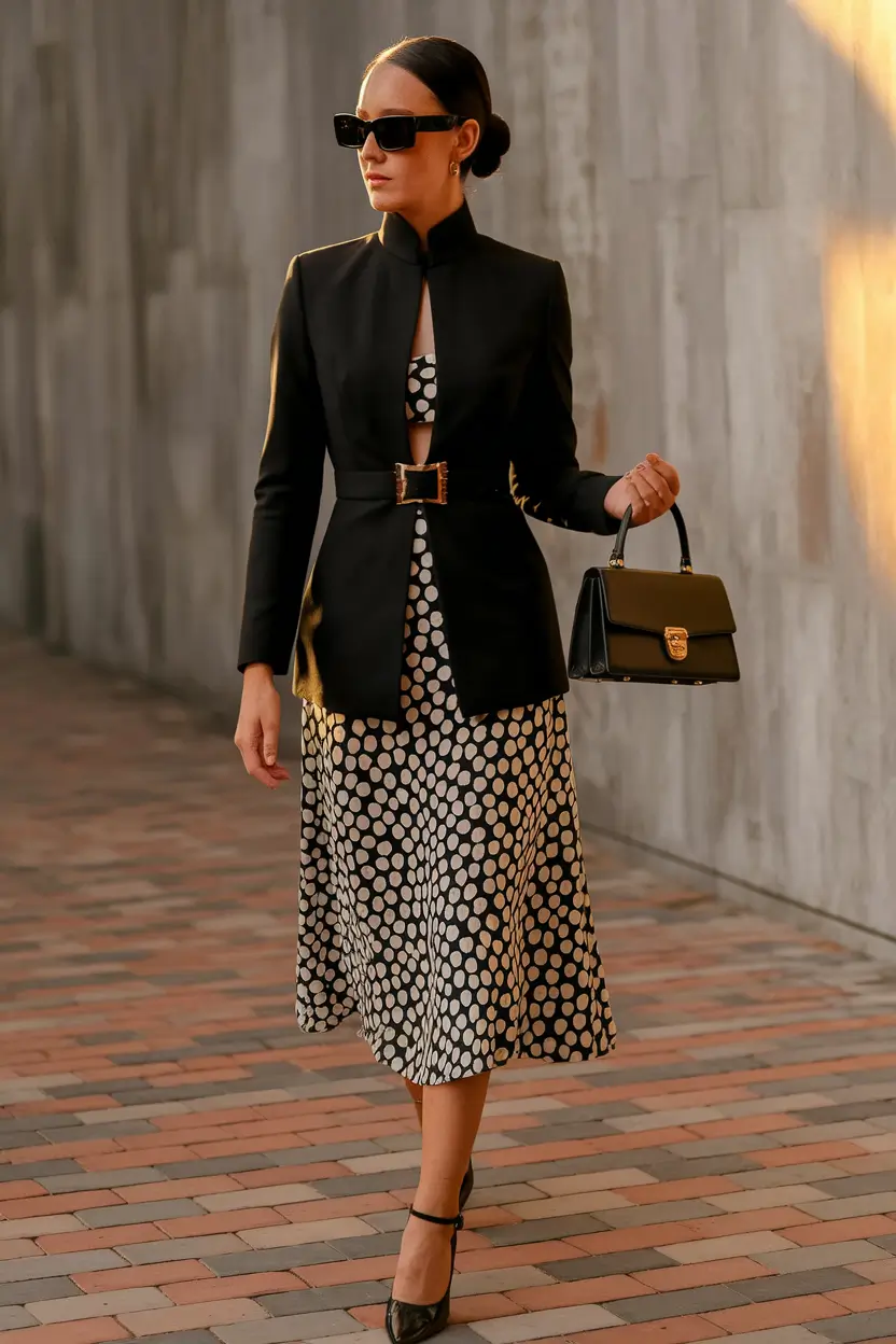 fall office outfits for women ideas 2025 Sharp Belted Blazer over Midi Polka Dots