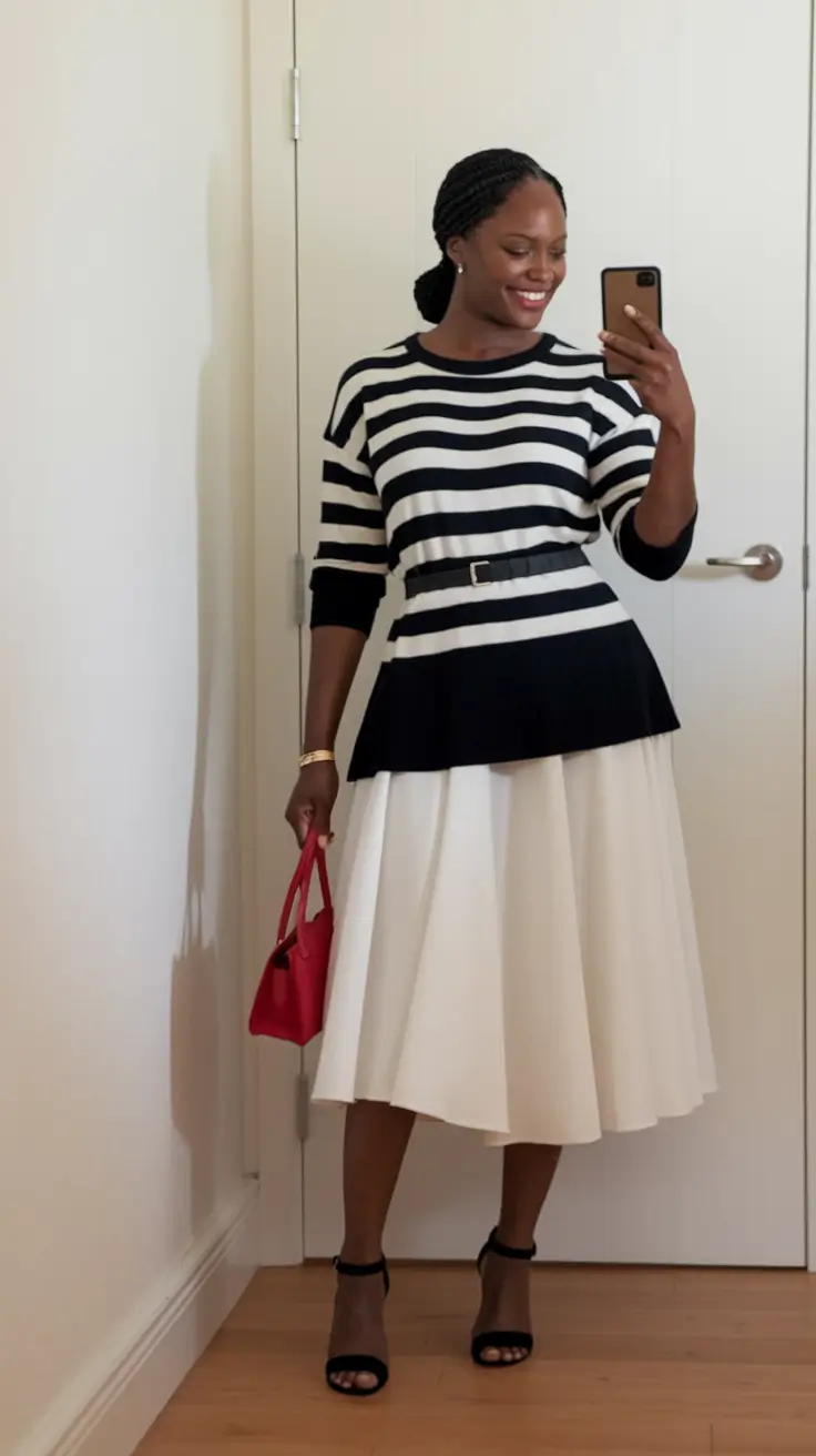 fall outfits for black women 2025 Stripes and Swing Skirts with a Pop of Red