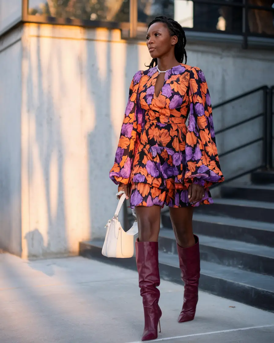 fall outfits for black women 2025 Bold Florals and Statement Boots