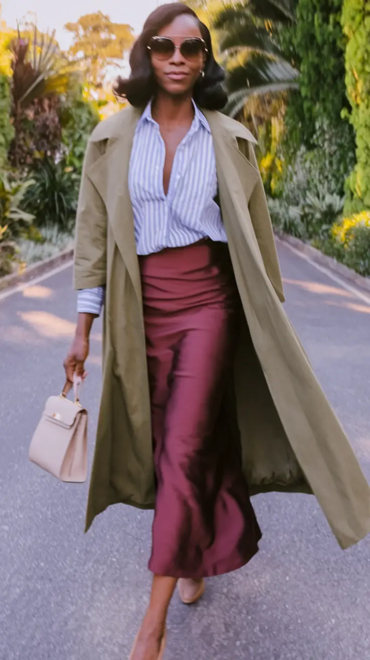 fall outfits for black women 2025 Satin Skirt Meets Trouser Trench