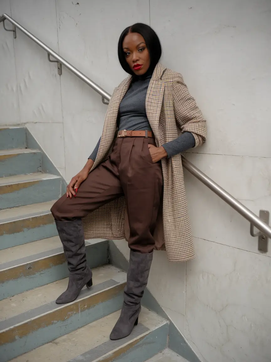 fall outfits for black women 2025 Checked Blazer, Paperbag Trousers & Slate Boots