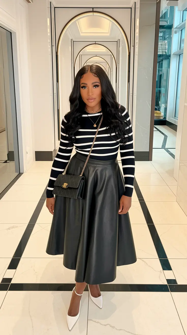 fall outfits for black women 2025 Classic Stripes and Faux Leather Elegance