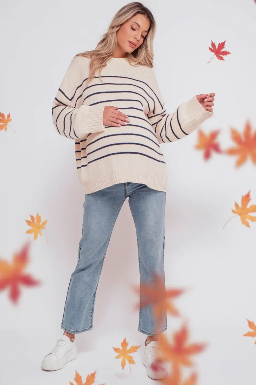 fall outfits for pregnant women Stripes and Denim: The Cool Casual Combo