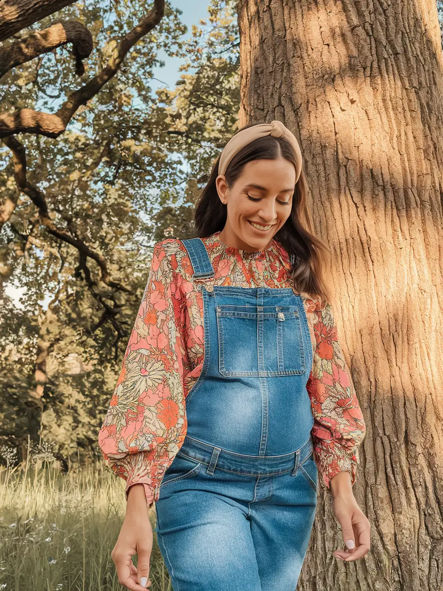 fall outfits for pregnant women Denim Overalls with Floral Whimsy
