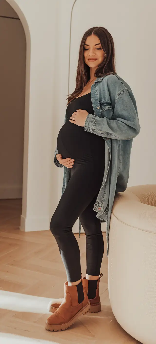 fall outfits for pregnant women 2025 Layered Denim Comfort for Cozy Fall Days