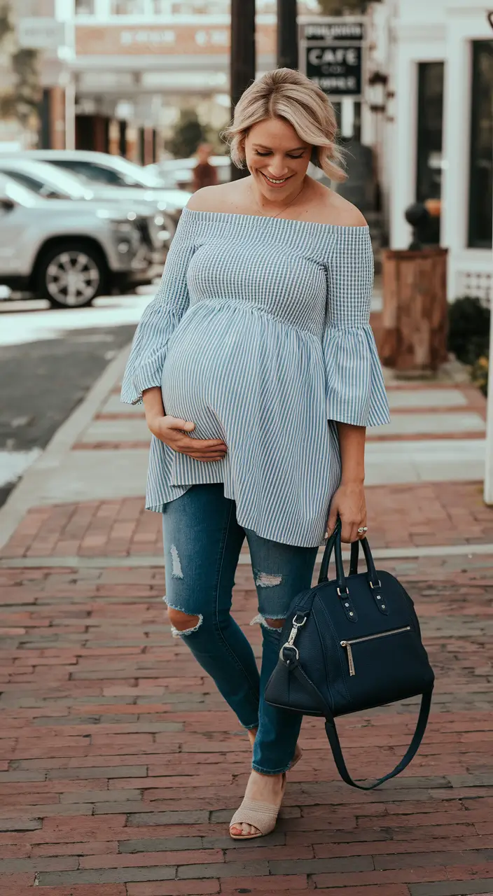 fall outfits for pregnant women 2025 Playful Stripes and City-Chic Jeans