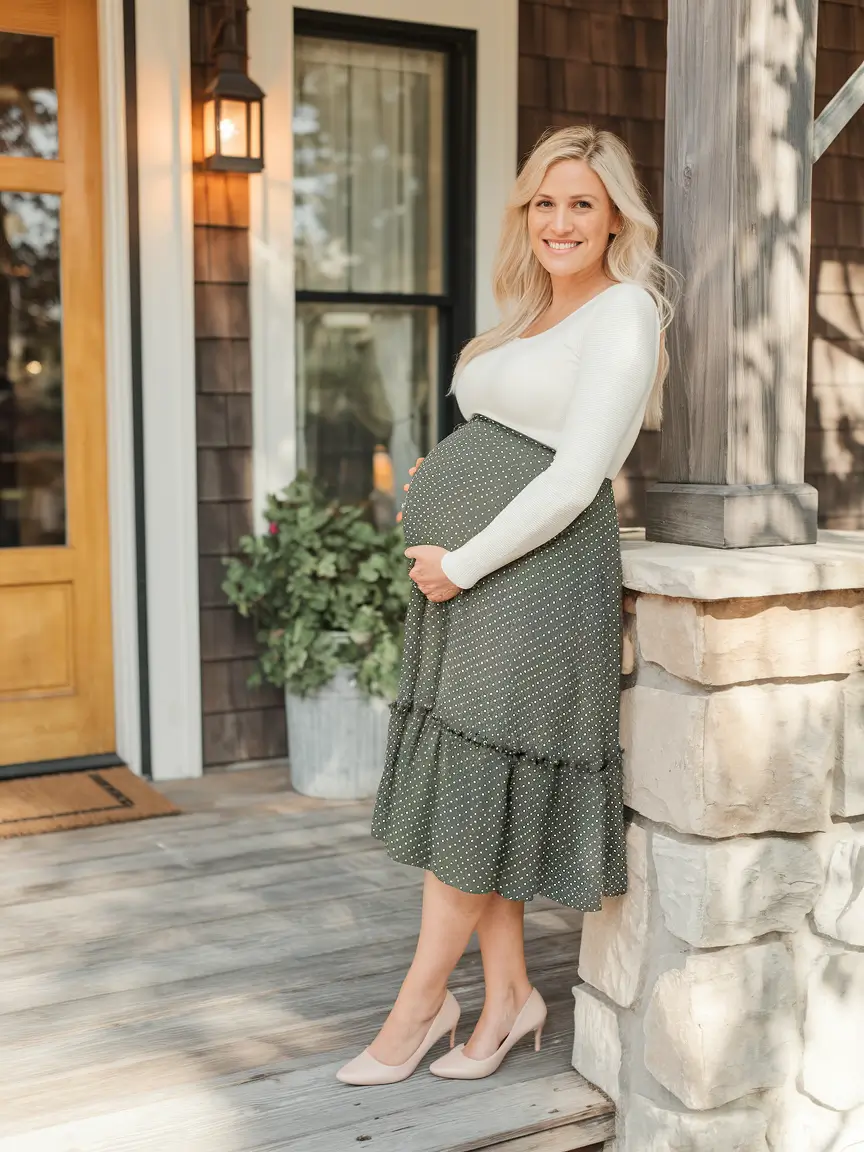 fall outfits for pregnant women 2025 Soft Knits and Feminine Greens for a Porch-Perfect Look