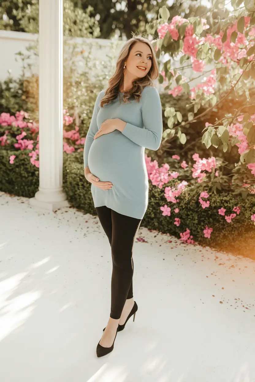 fall outfits for pregnant women 2025 Soft Blue and Black Elegance with a Subtle Pop