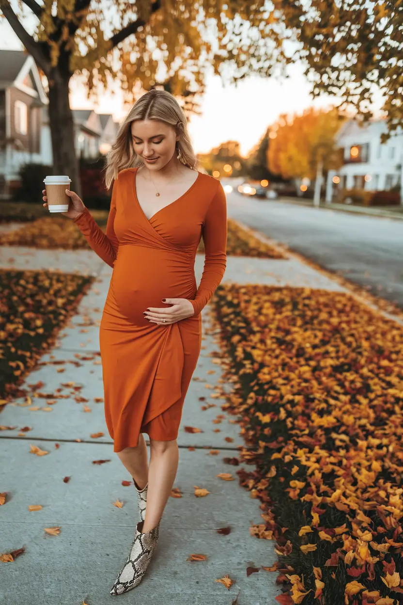 fall outfits for pregnant women Pumpkin Spice Elegance in a Wrap Dress