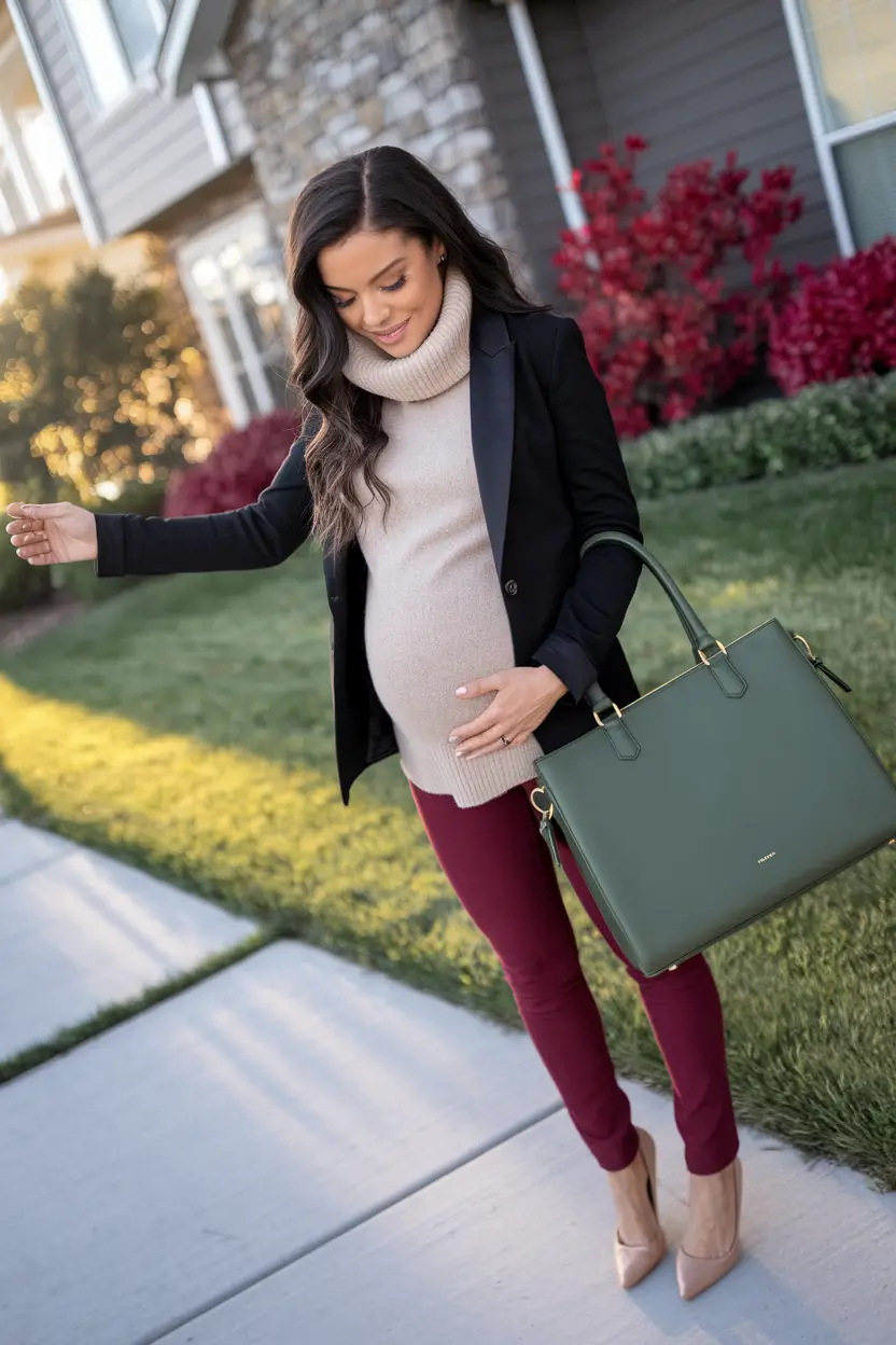 fall outfits for pregnant women Structured Chic for On-the-Go Days