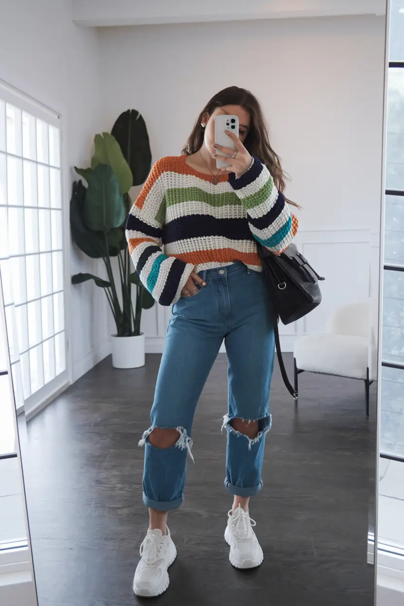 fall outfits for school 2025 Bold Stripes, Ripped Denim