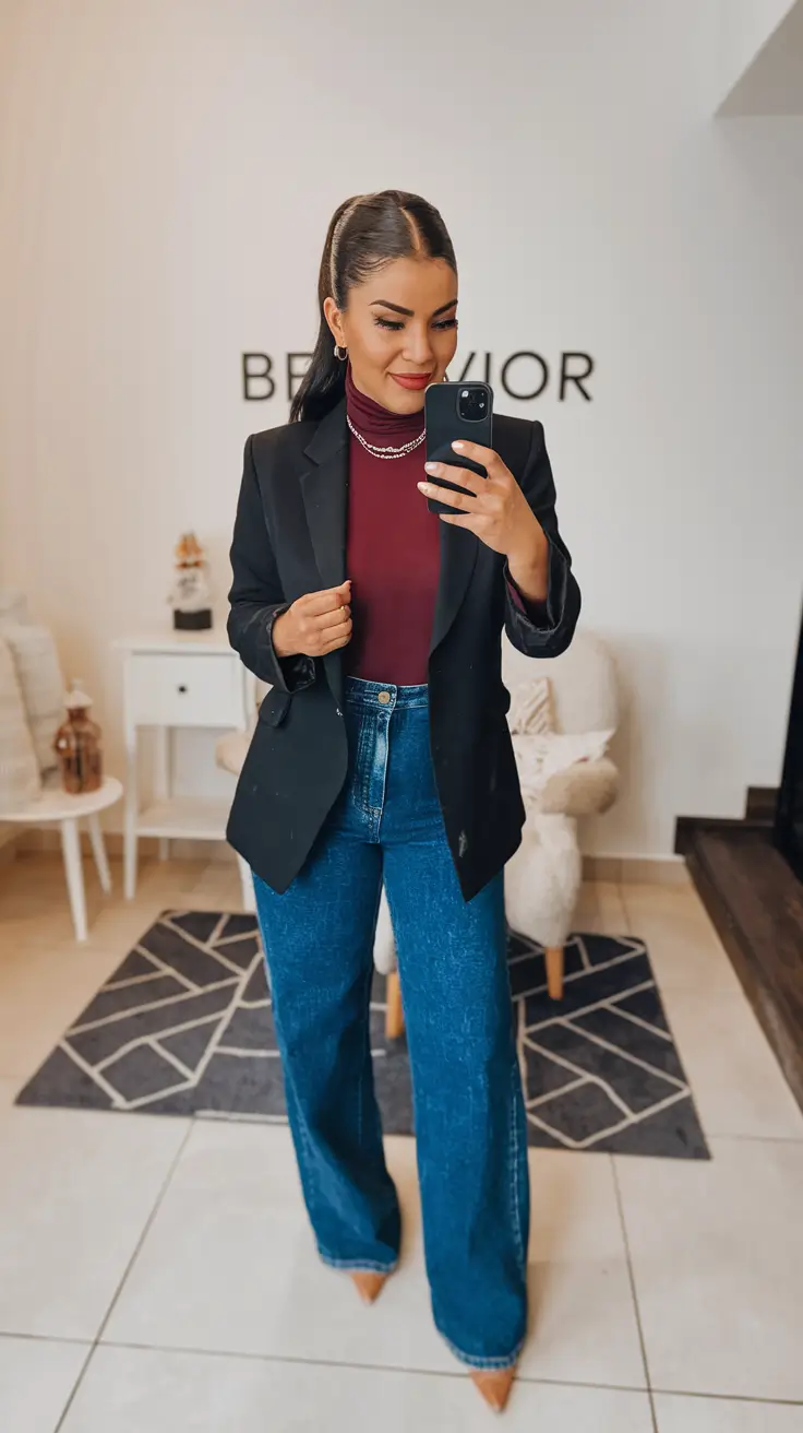 fall outfits latina women - cute ideas 2025 Merlot Mock-Neck Boardroom Boost