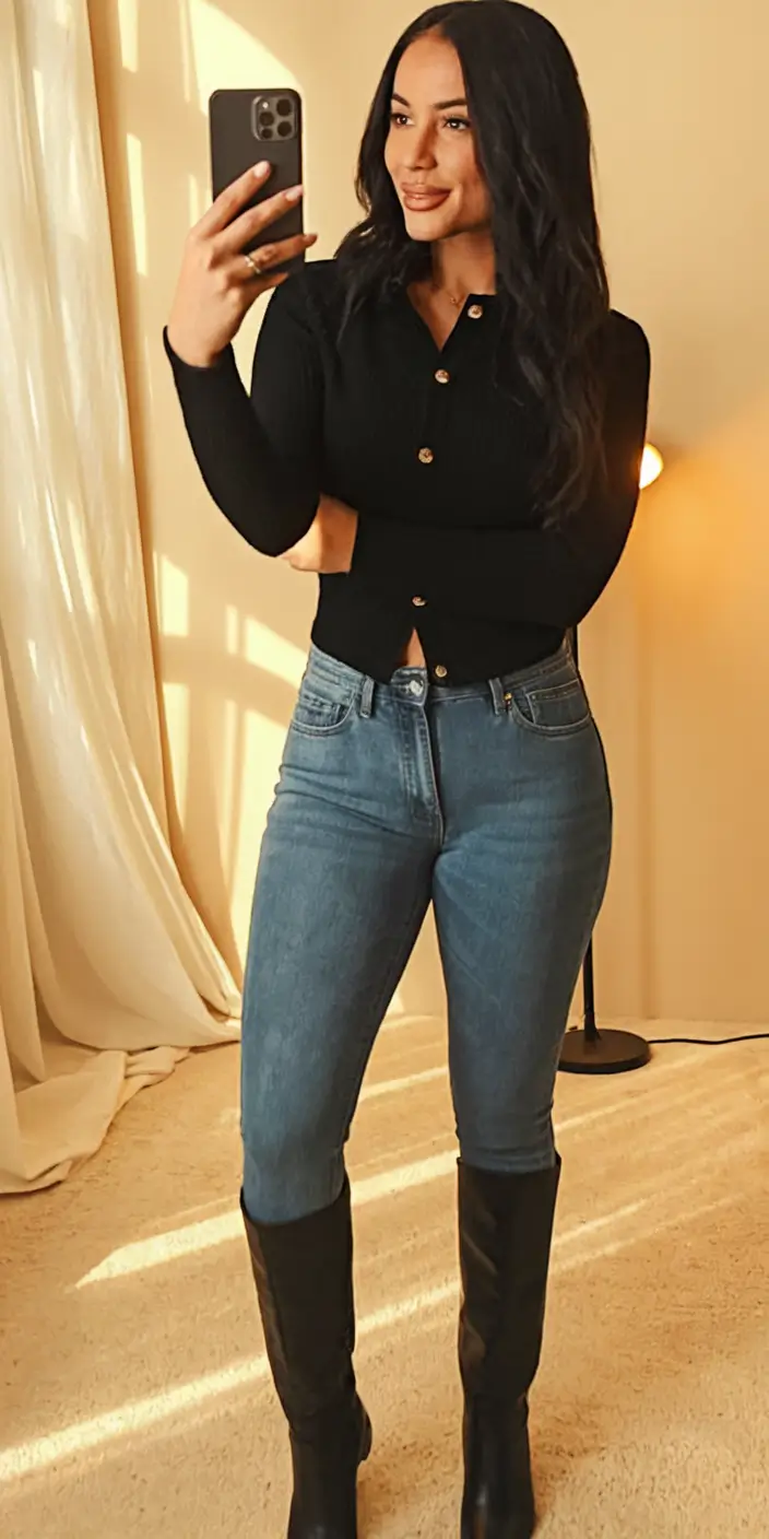 fall outfits with jeans 2025 Black Button-Up & Tall Boots Energy