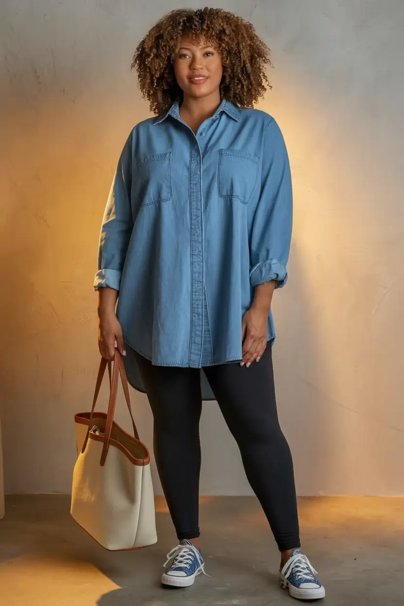 fall plus size capsule wardrobe Denim Tunic and Leggings: Off-Duty Classic