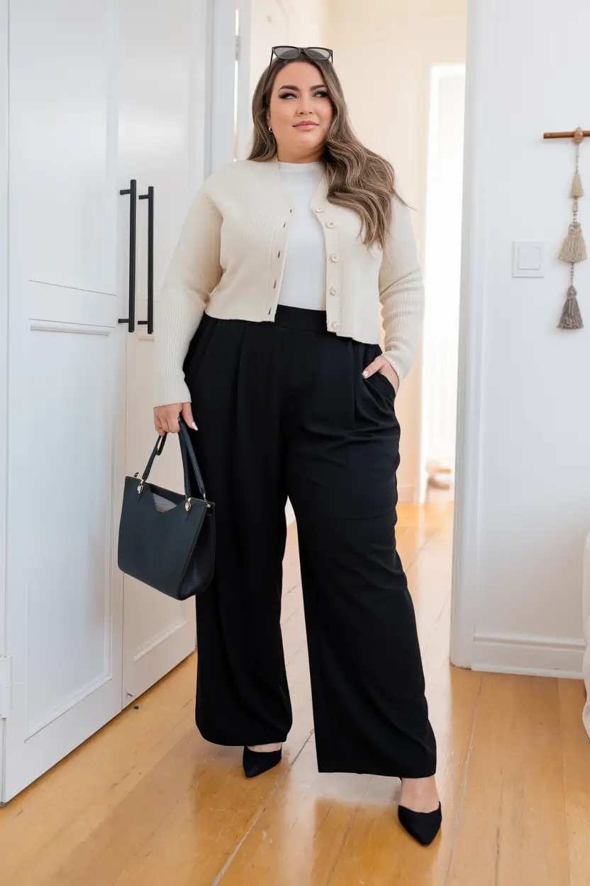 fall plus size capsule wardrobe Cropped Cardigan Meets Classic Trousers