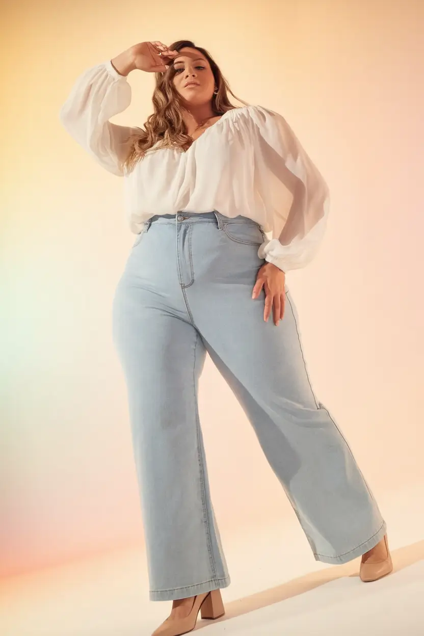 fall plus size capsule wardrobe Light Denim and Sheer Volume