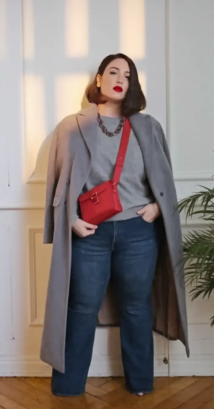 plus size fall fashion capsule wardrobe Monochrome Greys with a Bold Pop