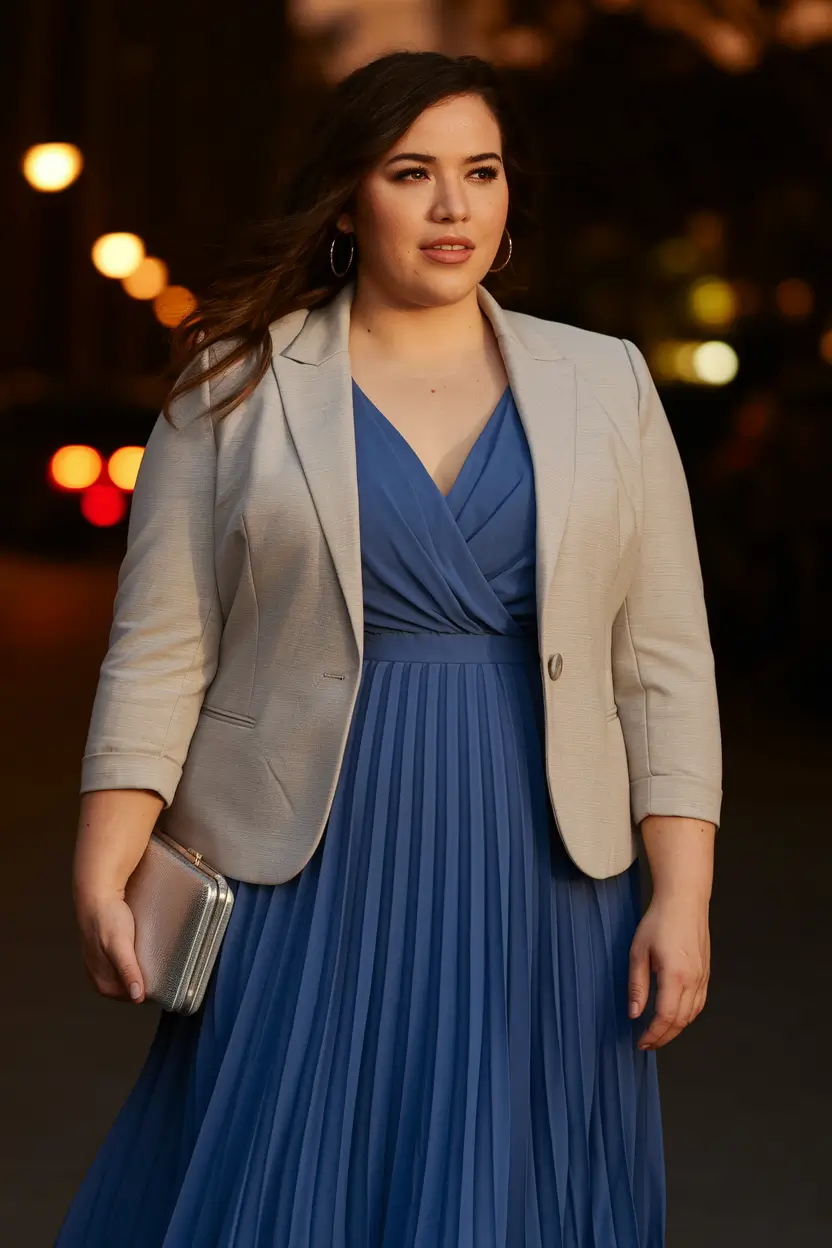 fall plus size capsule wardrobe Blue Dress + Cream Blazer: Understated Glam