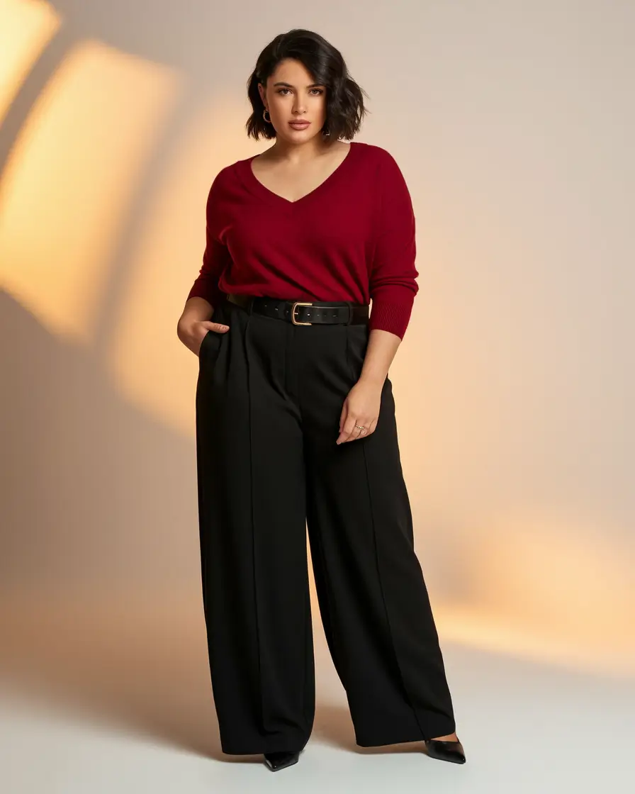 fall plus size capsule wardrobe Wide-Leg Elegance with a Pop of Garnet