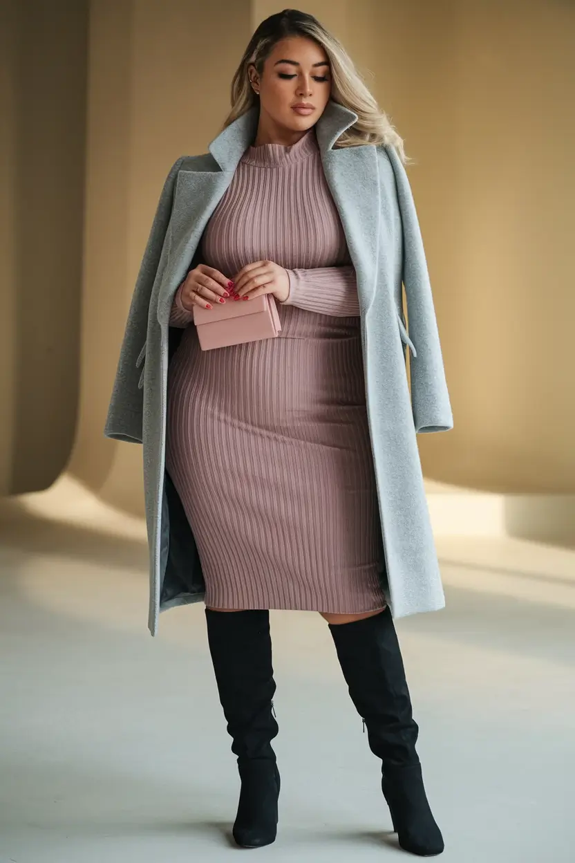 fall plus size capsule wardrobe Soft Pink and Ice Grey: Cozy with Sophistication