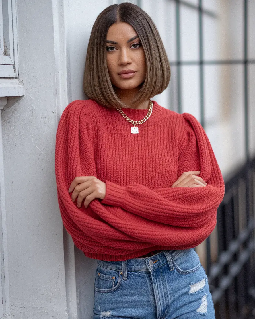 fall sweater outfits ideas 2025 Polished Puff Shoulders in Bold Red