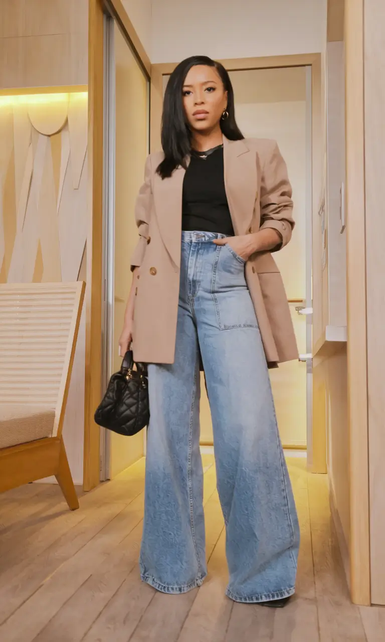 fall winter outfits ideas 2025 Wide-Leg Denim and Blazer Cool