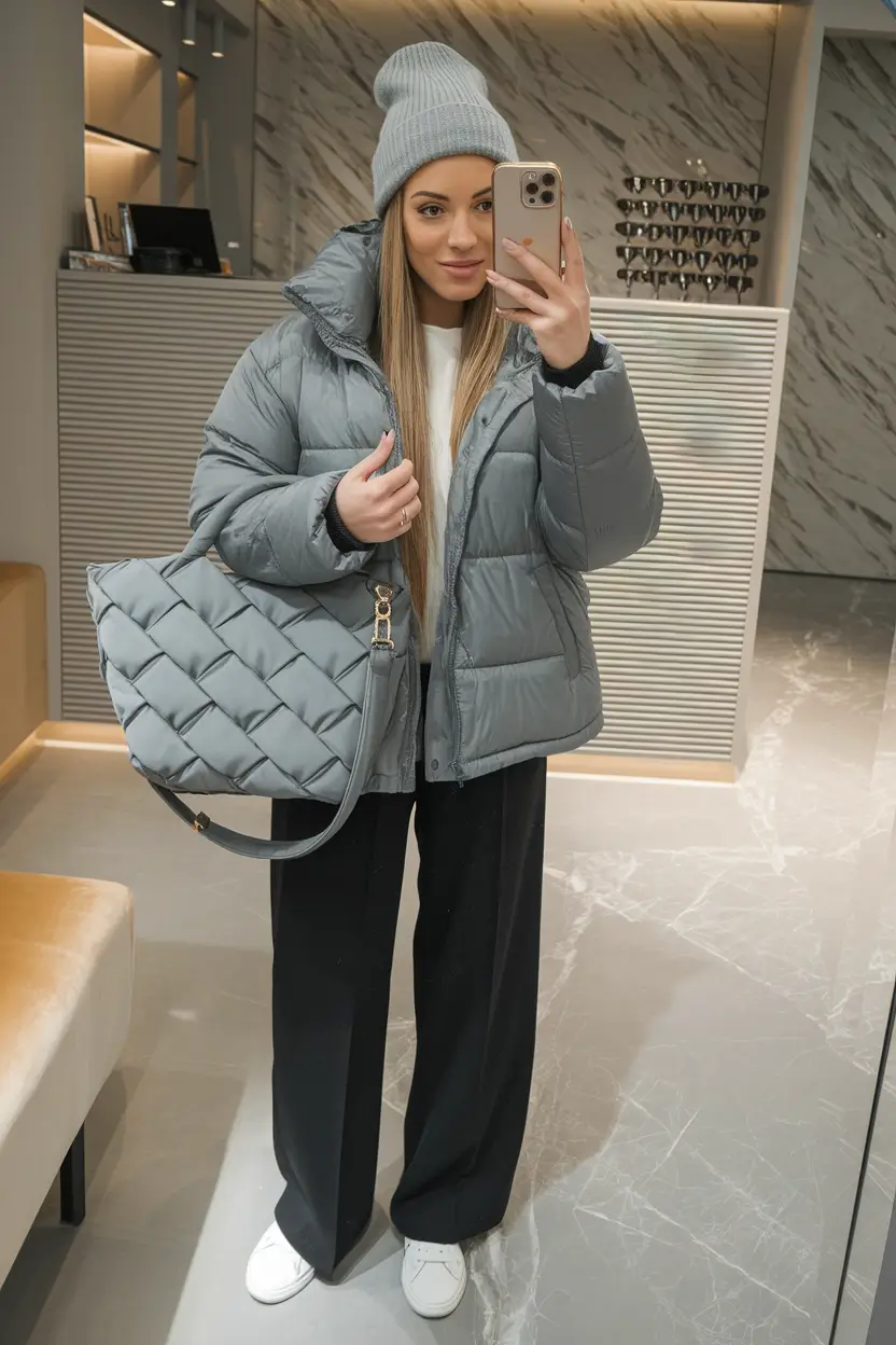 fall winter outfits ideas 2025 Ice Blue Puff and Winter Texture