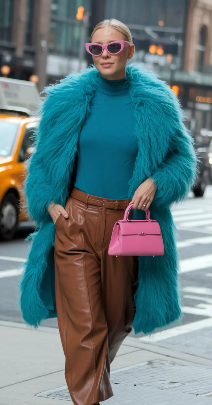 fall winter outfits ideas 2025 Bold Contrast: Teal Meets Cocoa with a Pop of Pink