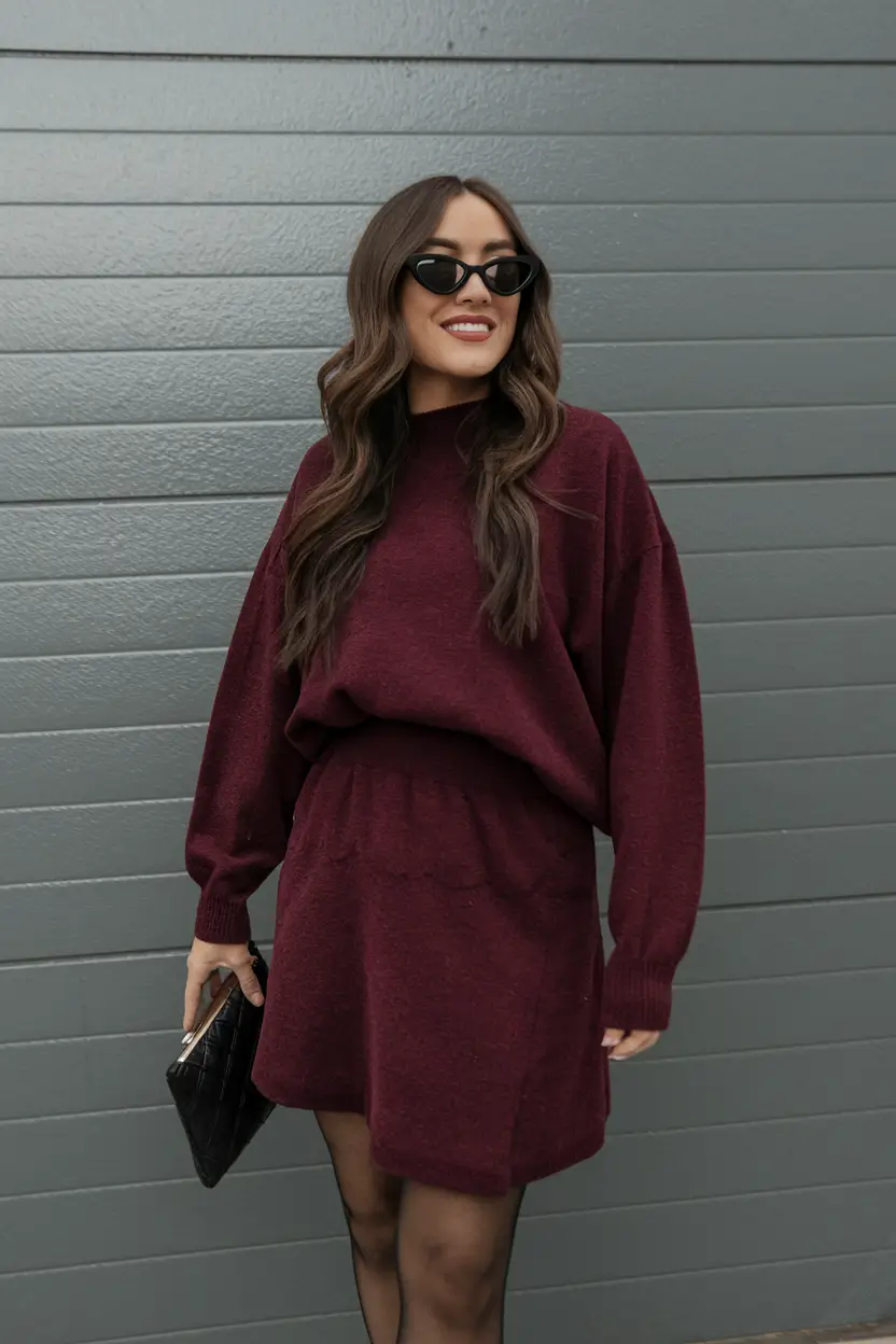 fall winter outfits ideas 2025 Burgundy Sweater Dress for Cozy Date Nights