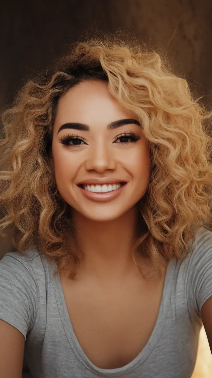 fall hair color for blondes Caramel Curls That Catch the Light