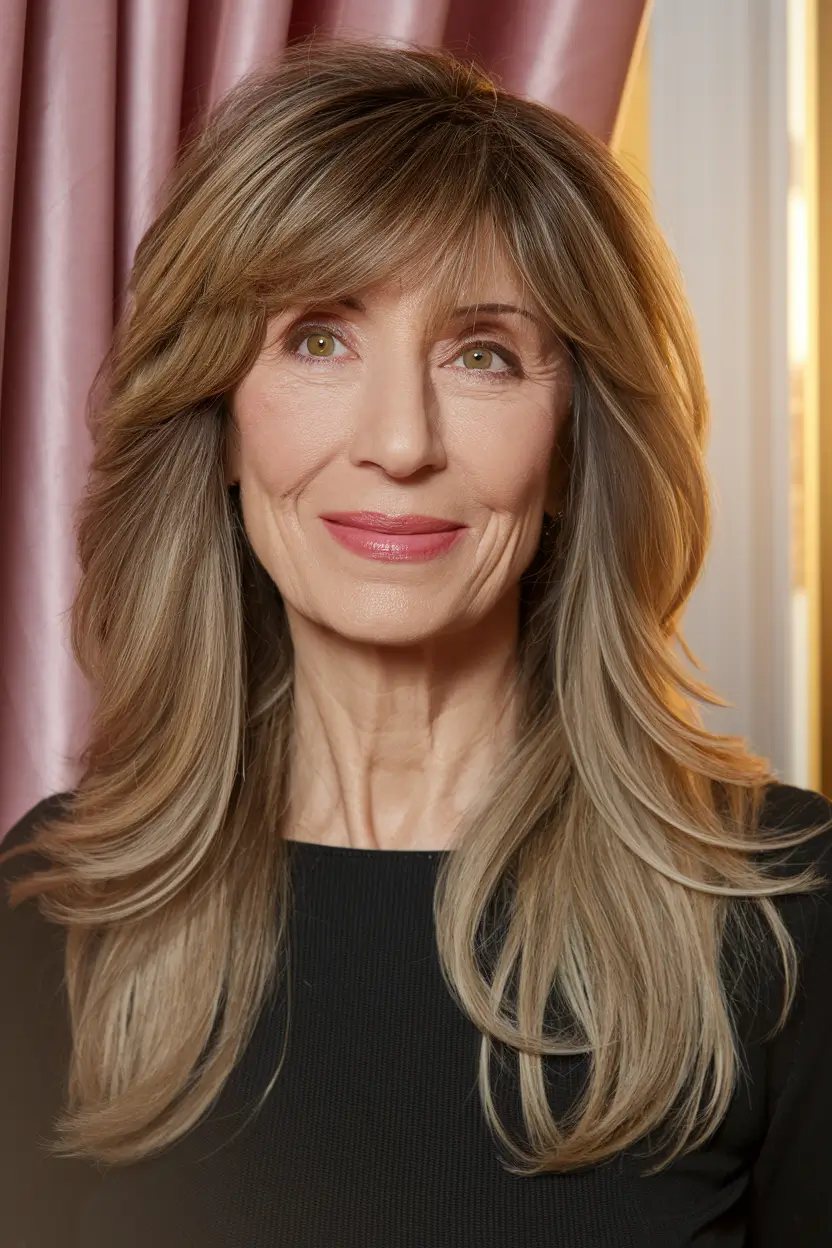Haircuts for Women Over 60 - Fall 2025 Long Feathered Layers with Soft Curtain Bangs