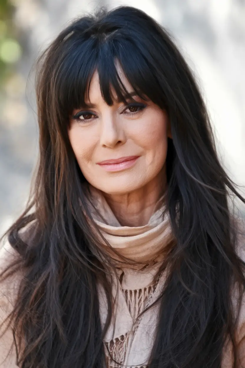 Haircuts for Women Over 60 - Fall 2025 Long Dark Layers with Blunt Bangs