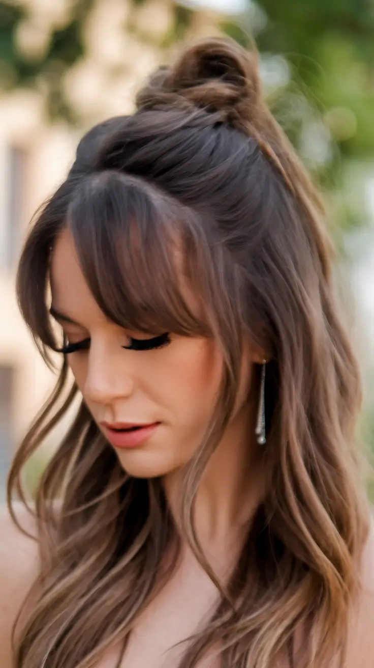 Long Fall Hairstyles to Love in 2025 - Soft Half-Up with Breezy Fringe