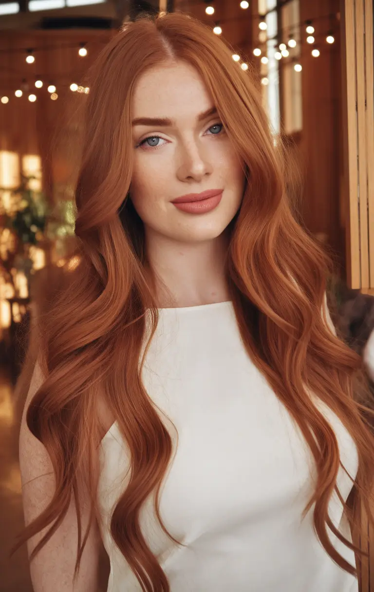 Long Fall Hairstyles to Love in 2025 Glossy Copper Curls with Middle Part