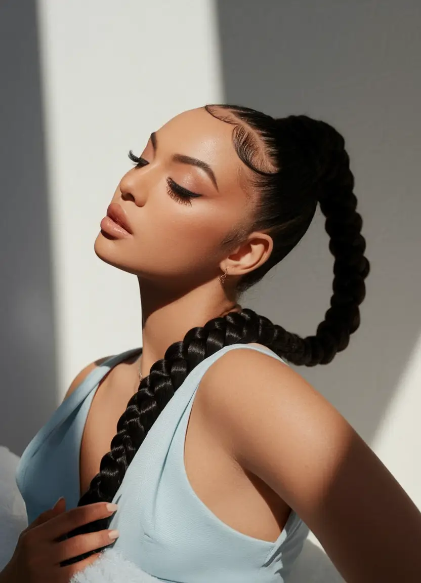 Long Fall Hairstyles to Love in 2025 - Braided Power Pony with Sculpted Edges
