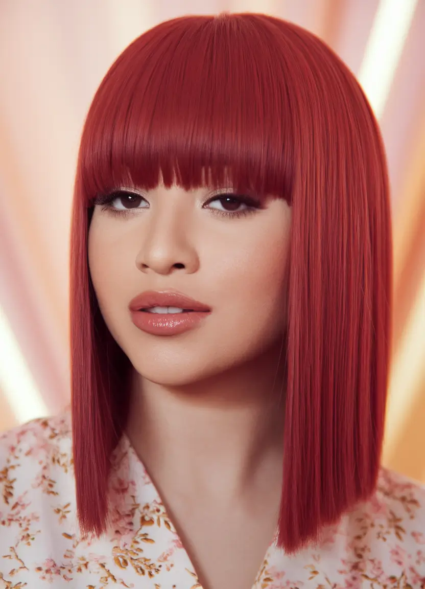Must-Try Fall Red Hair Colors for Redheads 2025 Sleek Cherry Red Glass Bob With Bangs