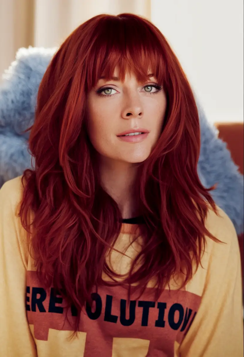 Must-Try Fall Red Hair Colors for Redheads 2025 Feathered Layers with Auburn Fire Bangs