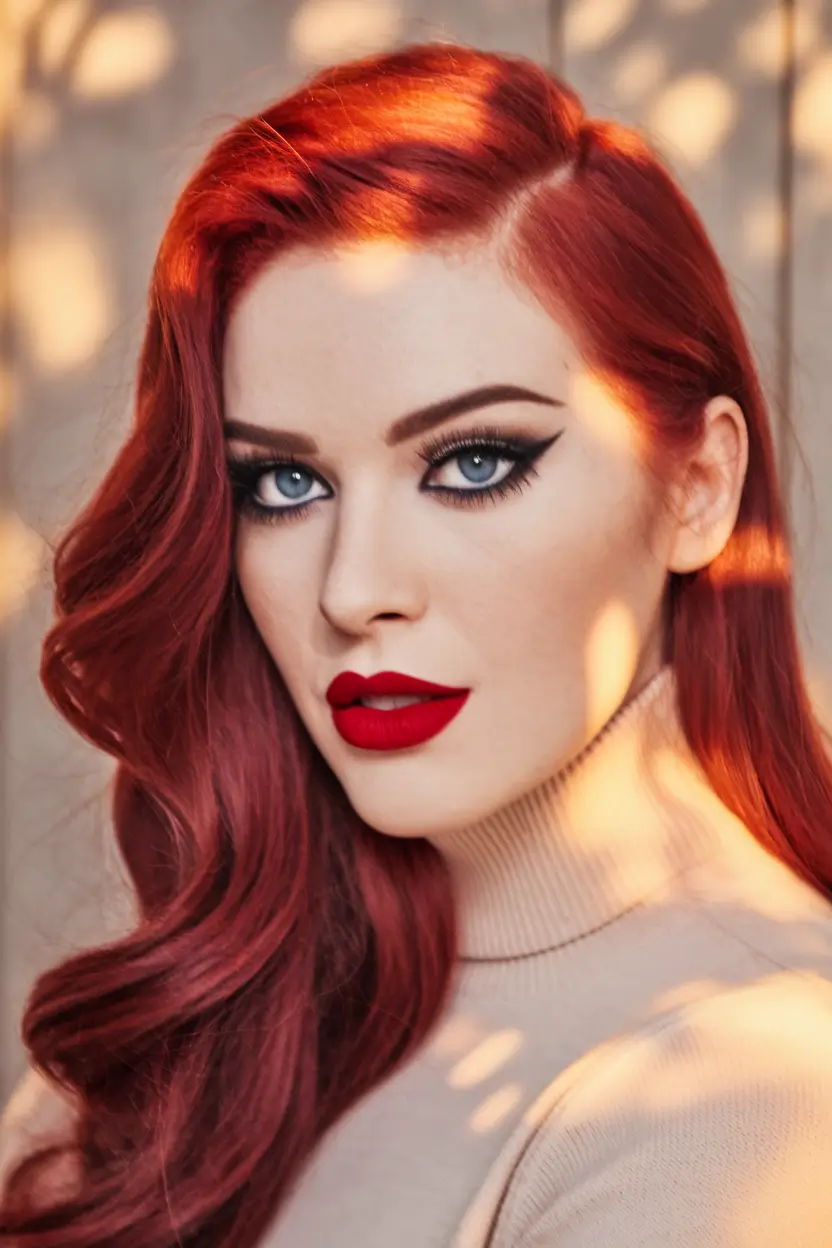 Must-Try Fall Red Hair Colors for Redheads 2025 Romantic Crimson Waves With Deep Side Part