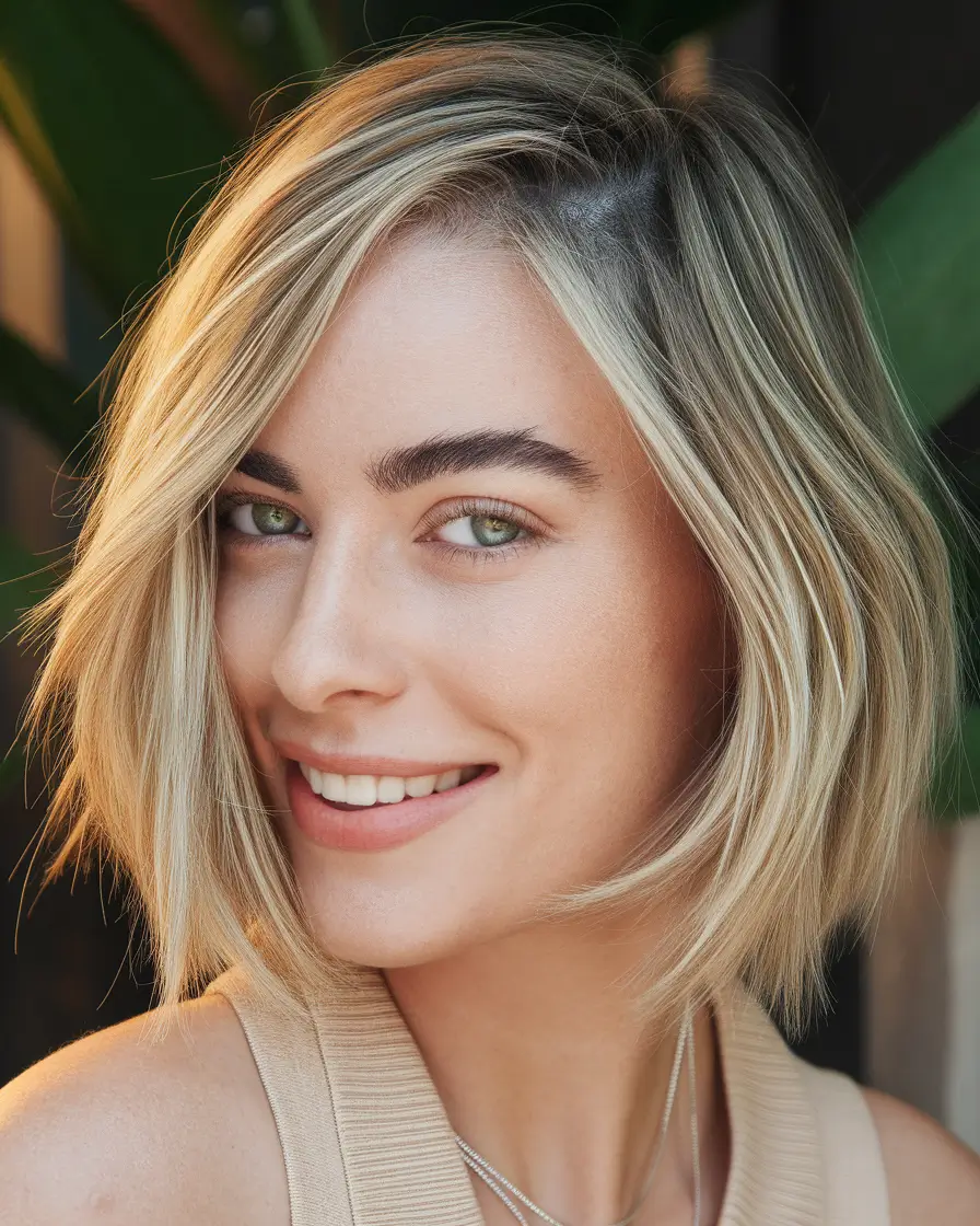 New haircuts - September 2025 ideas Side-Swept Blonde Bob with Root Shadow