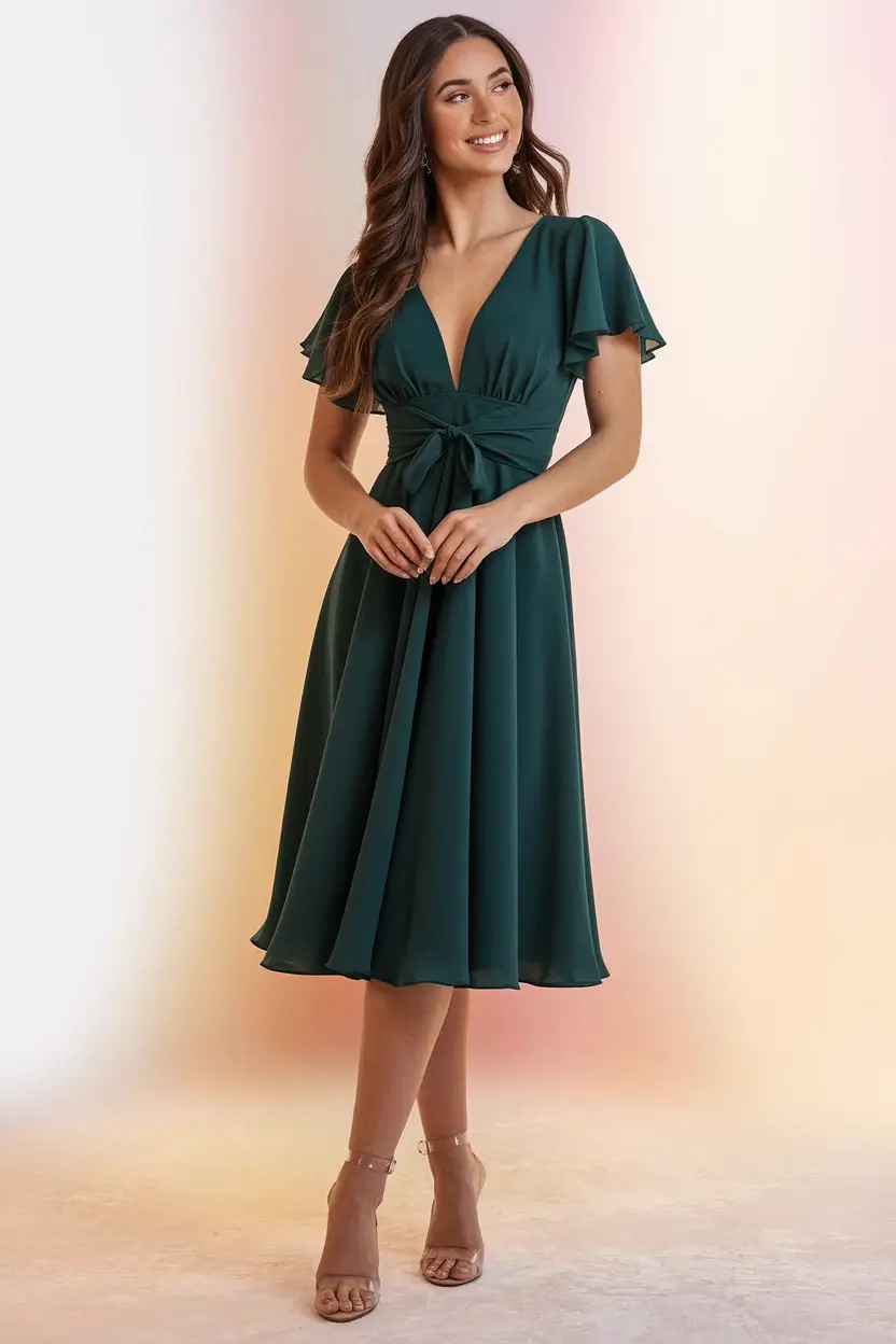 october wedding guest outfits Chic Green Midi with Flirty Flutter Sleeves