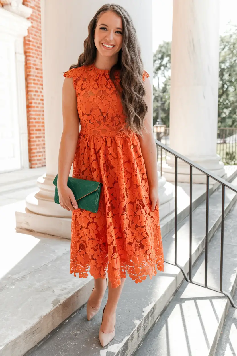 october wedding guest outfits ideas 2025 Sunset Lace That Sparks Joy