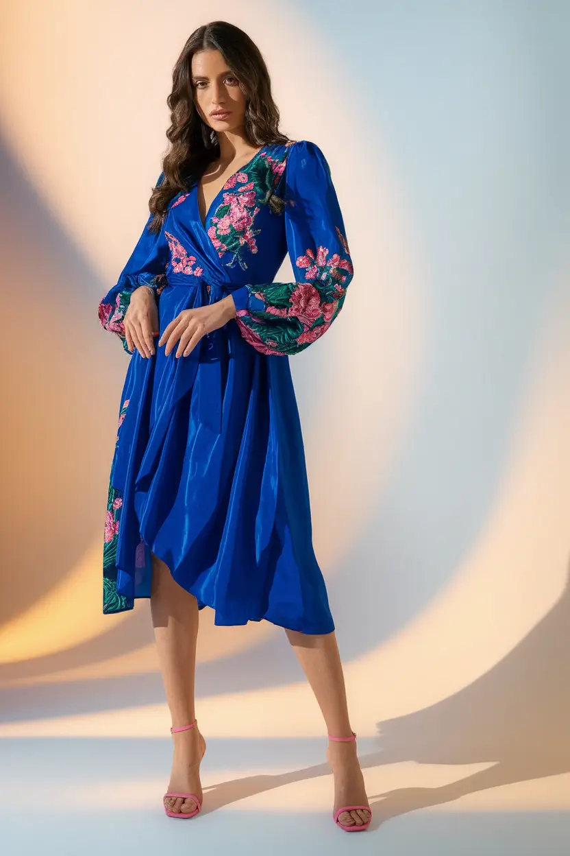 october wedding guest outfits Bold Blues and Florals with a Western Twist