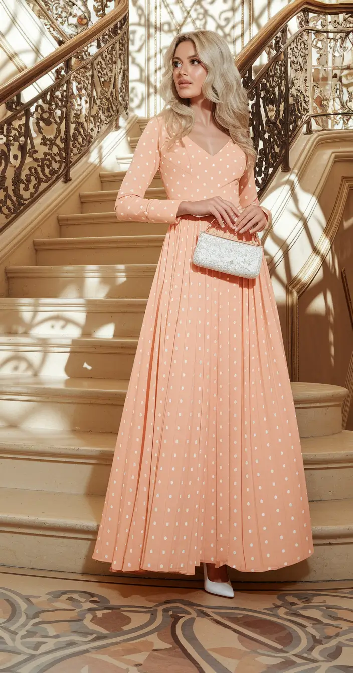 october wedding guest outfits Peachy Polka Dot Romance with a Touch of Whimsy