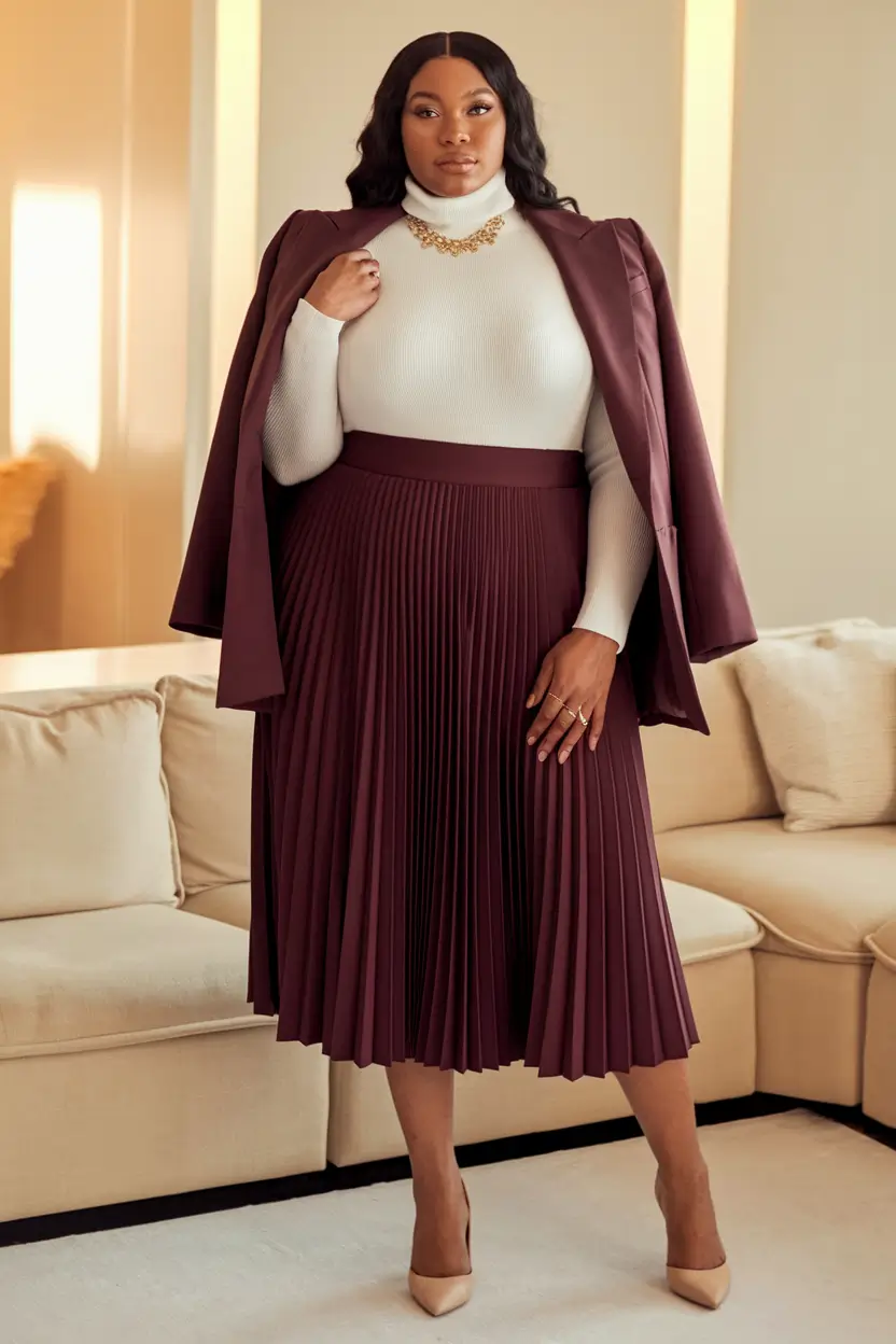 plus size fall fashion ideas 2025 Wine-Toned Pleats & Power Blazer