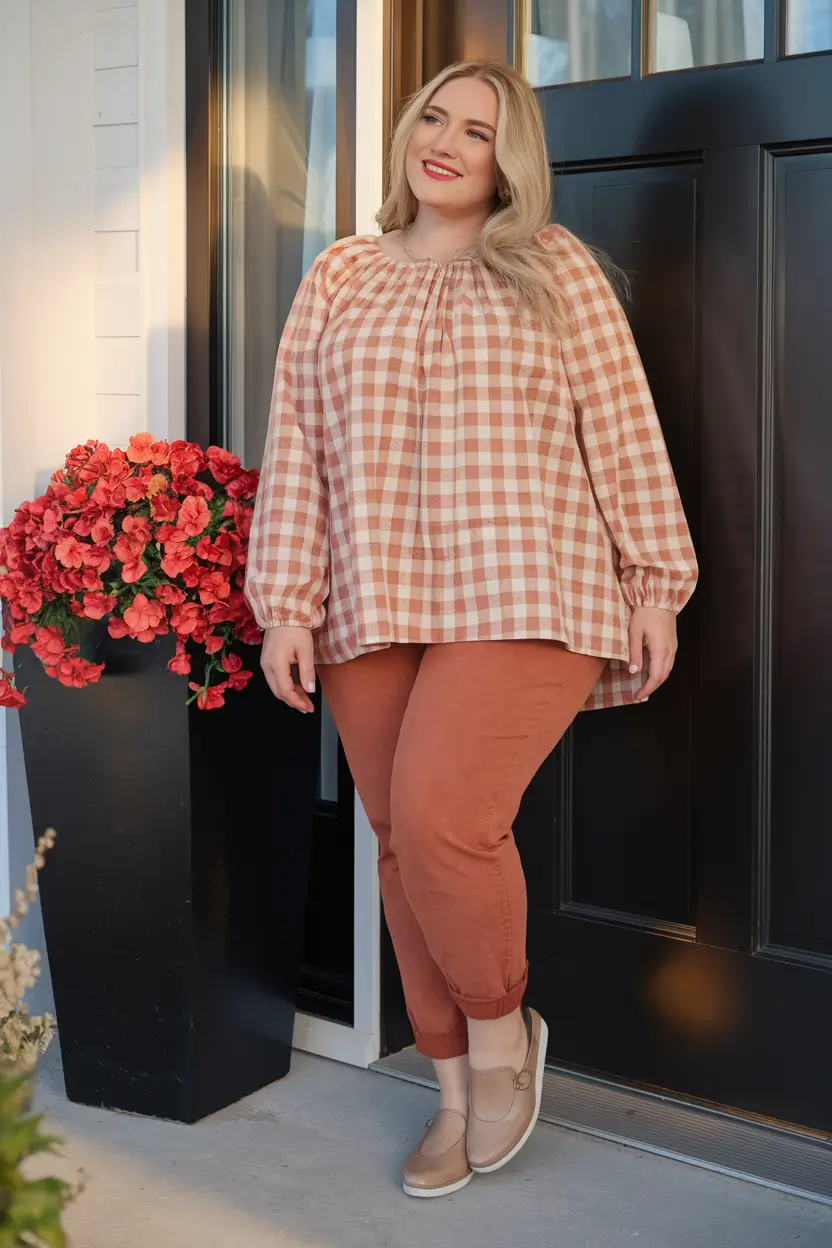 plus size fall fashion ideas 2025 Gingham Porch Hangout
