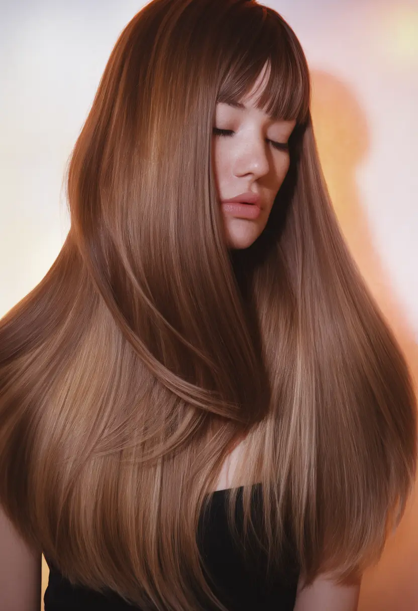 september hair color ideas - fall trends for 2025 Muted Chestnut Gradient with Full Fringe